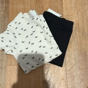 Cream and Black Bow Print Top and Black Pants Set Zara